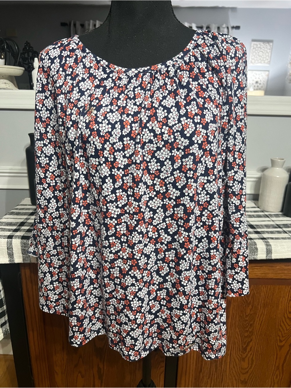 Michael Kors Women’s Navy Floral 3/4  Flutter Sleeve Top